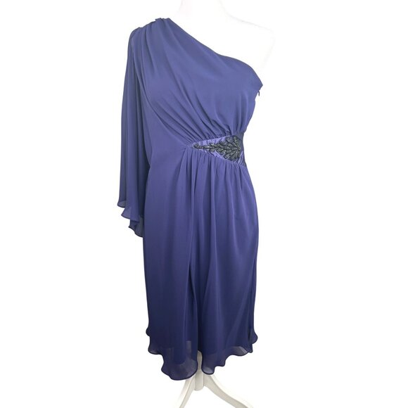 Evan-Picone One-Shoulder Mystic Purple Chiffon Dress W/ Beaded Waist Size 4 - Picture 8 of 14